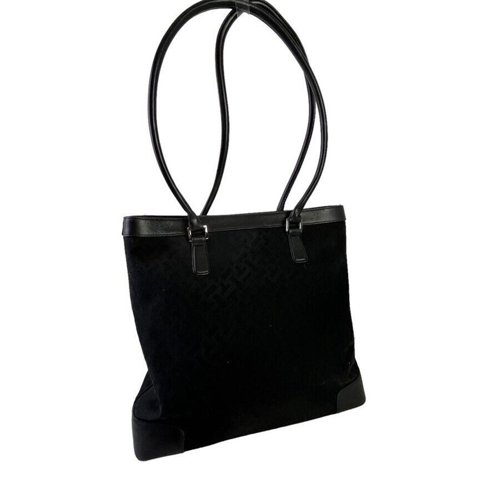 Talbots Womens Black Monogram Leather Canvas Purse Handbag Tote Shoulder Bag